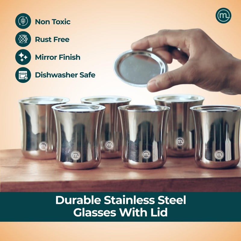 MISHAA Double Wall Stainless Steel Glasses Set of 6 pcs with Lids Coaster 120ml Each Small Steel Glass for Kids and Adults Tea Glasses Set of 6 Milk Glass Coffee Glass with Lid SET OF 6 120ml - Image 2