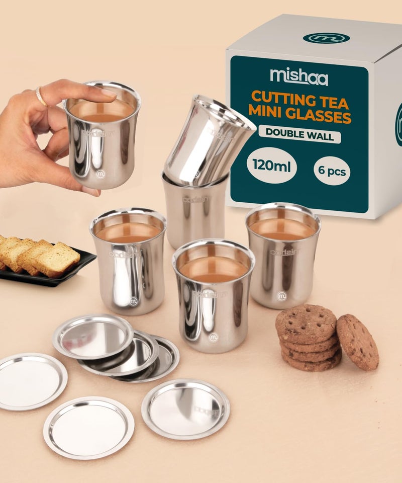 MISHAA Double Wall Stainless Steel Glasses Set of 6 pcs with Lids Coaster 120ml Each Small Steel Glass for Kids and Adults Tea Glasses Set of 6 Milk Glass Coffee Glass with Lid SET OF 6 120ml - Image 1