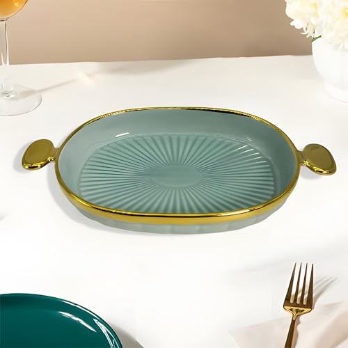 Lemon Tree Ceramic Oval Deep Serving Platter with Golden Rim & Handles | Serving Platter for Dessert, Veggie, Chips, Cookies, Fruits, Salad, Pasta (Blue) - Image 2