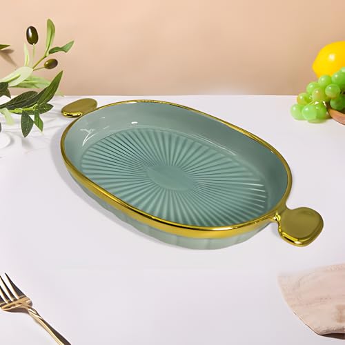 Lemon Tree Ceramic Oval Deep Serving Platter with Golden Rim & Handles | Serving Platter for Dessert, Veggie, Chips, Cookies, Fruits, Salad, Pasta (Blue) - Image 1
