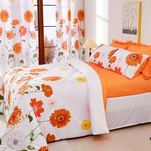 EVENHUG Queen Comforter Set 7 Pieces Reversible Queen Size Comforters for All Season Orange Sunflower Floral Bedding Sets Bed in a Bag with Flat Sheet and Fitted Sheet,Pillowcases & Shams (88"x88") - Image 2