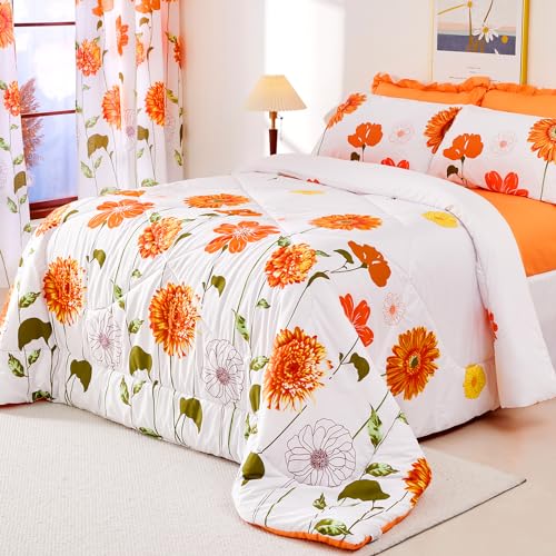 EVENHUG Queen Comforter Set 7 Pieces Reversible Queen Size Comforters for All Season Orange Sunflower Floral Bedding Sets Bed in a Bag with Flat Sheet and Fitted Sheet,Pillowcases & Shams (88"x88") - Image 1