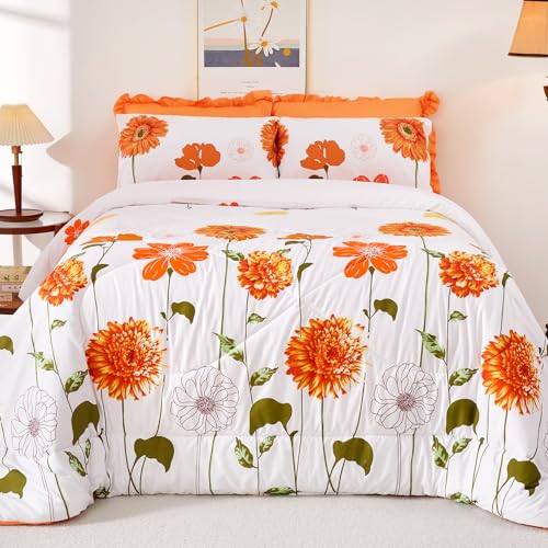 EVENHUG Queen Comforter Set 7 Pieces Reversible Queen Size Comforters for All Season Orange Sunflower Floral Bedding Sets Bed in a Bag with Flat Sheet and Fitted Sheet,Pillowcases & Shams (88"x88") - Image 4