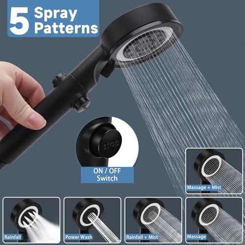 XFIRE-GEAR RV Shower Head with Hose, 5+1 Mode High Pressure Replacement with On/Off Switch, Water Saving Motorhome Shower Head for RV/Campervan, Caravan(Black) - Image 2