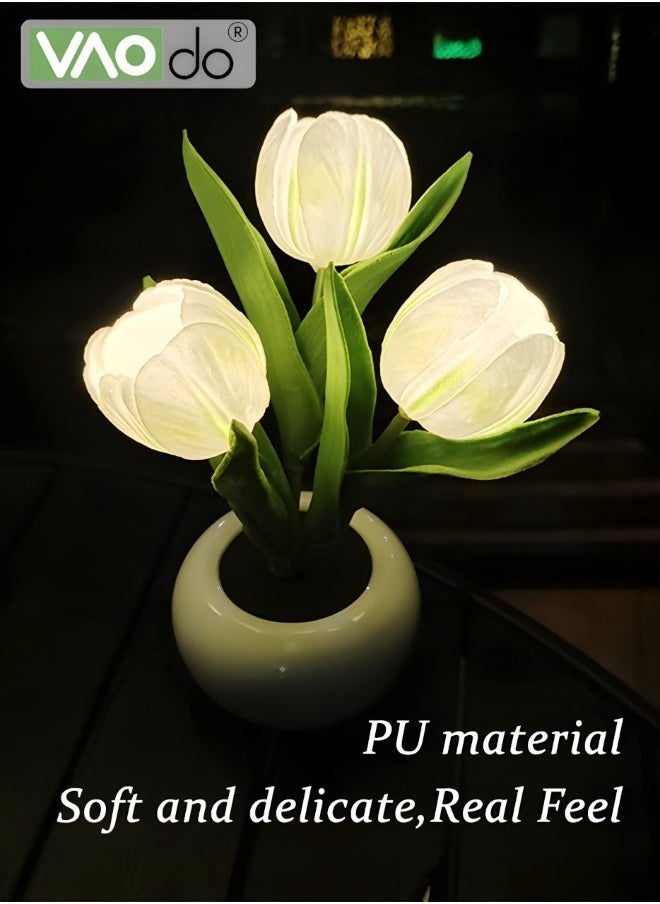 VAOdo - LED Night Lamp Tulip Imitation Flower Household Decoration Decoration False Flower Ceramic Flowerpot Imitation Flower Atmosphere Table Lamp White - Image 1