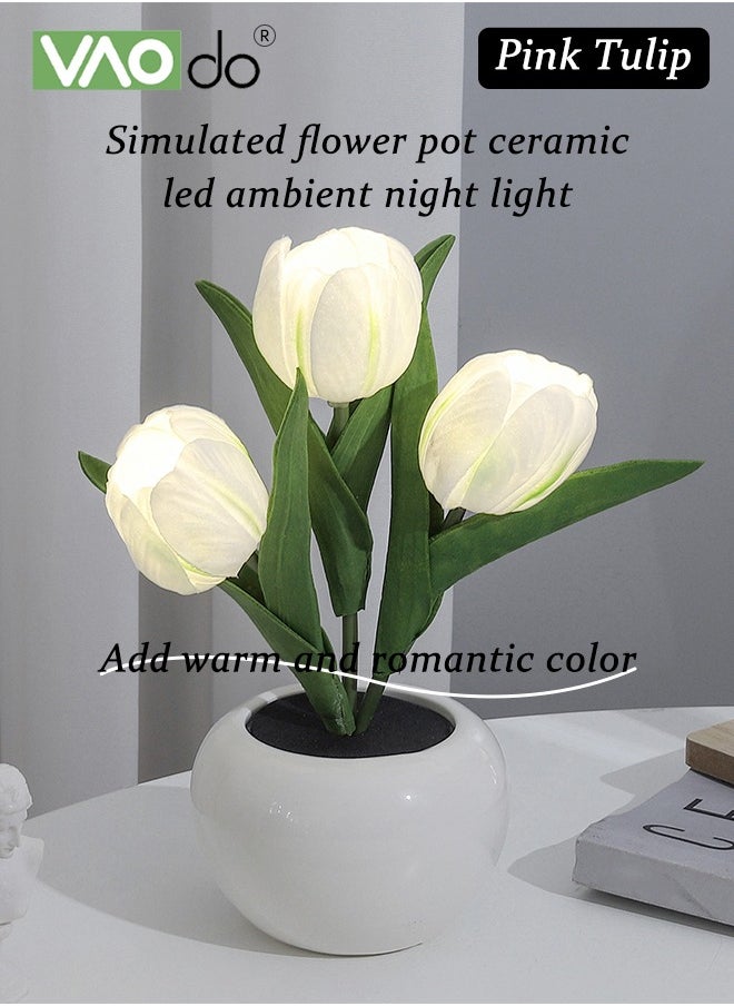 VAOdo - LED Night Lamp Tulip Imitation Flower Household Decoration Decoration False Flower Ceramic Flowerpot Imitation Flower Atmosphere Table Lamp White - Image 1