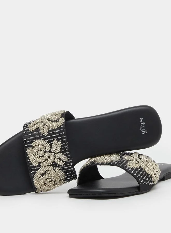 Styli Embellished Slip-On Flat Sandals