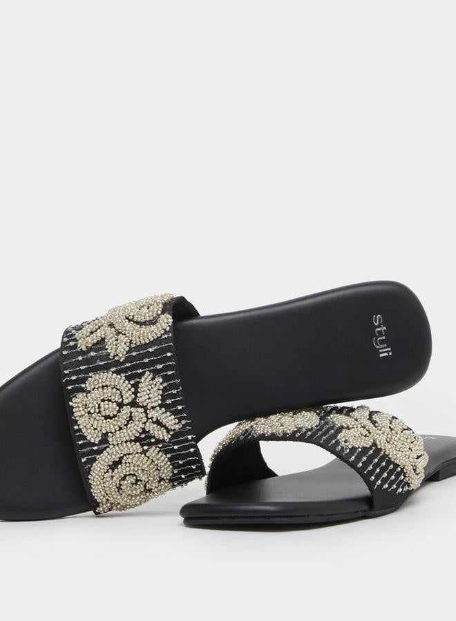 Styli Embellished Slip-On Flat Sandals - Image 4