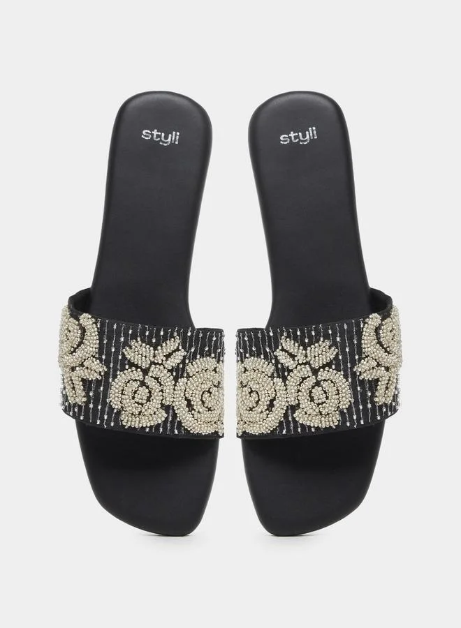Styli Embellished Slip-On Flat Sandals