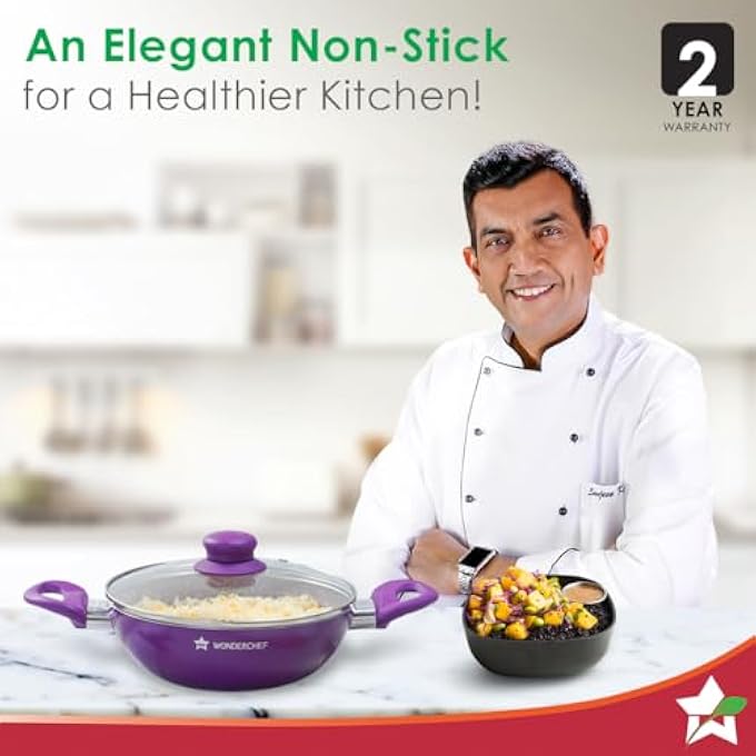 Wonderchef Wonder Chef Royal Velvet NonStick 24Cm Wok With Lid And Handles  Glass Lid  Induction Ready  SoftTouch Handles Non  Toxic I Virgin Aluminium 3 Mm Thick   Purple - Image 3