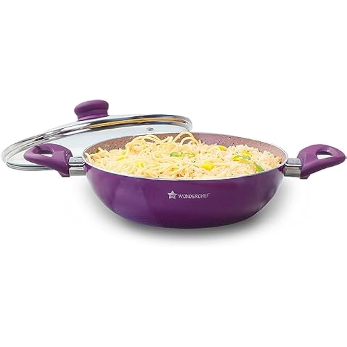 Wonderchef Wonder Chef Royal Velvet NonStick 24Cm Wok With Lid And Handles  Glass Lid  Induction Ready  SoftTouch Handles Non  Toxic I Virgin Aluminium 3 Mm Thick   Purple - Image 2