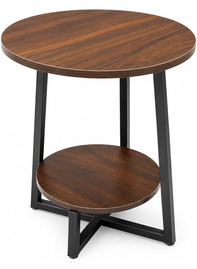 Modern round coffee table with storage shelf, two-tier side table, wooden top, black metal frame, small table suitable for living room, bedroom, next to sofa, office, apartment, home furniture - Image 1