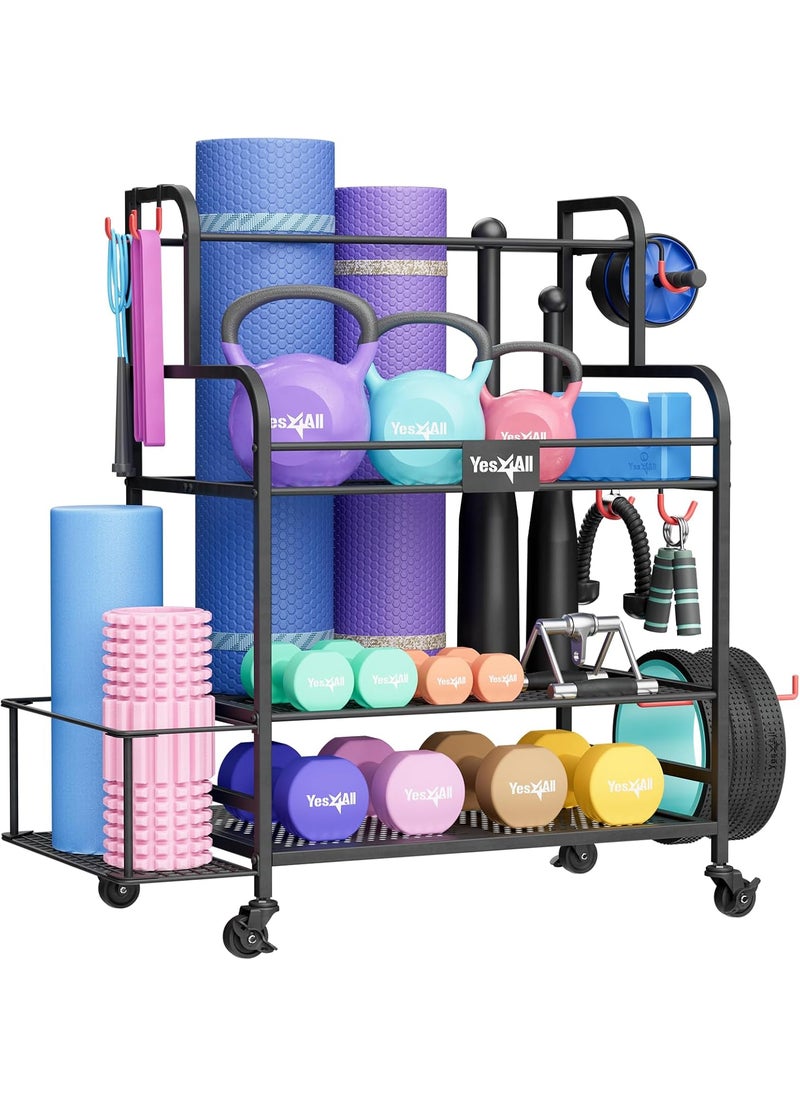 Yes4All Yes4All Dumbbell Rack Weight Rack for Home Gym Sports Equipment Organizer for Dumbbells Kettlebells Yoga Mat Foam Roller and Balls All in One Gym Workout Storage with Wheels and Hooks Black  - Image 1
