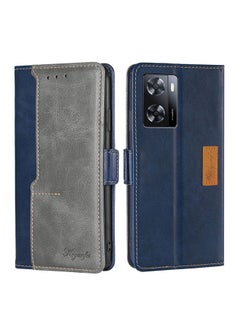 Case Cover For OPPO A57 4G 2022 Contrast Color Side Buckle Leather Phone Case Blue+Grey