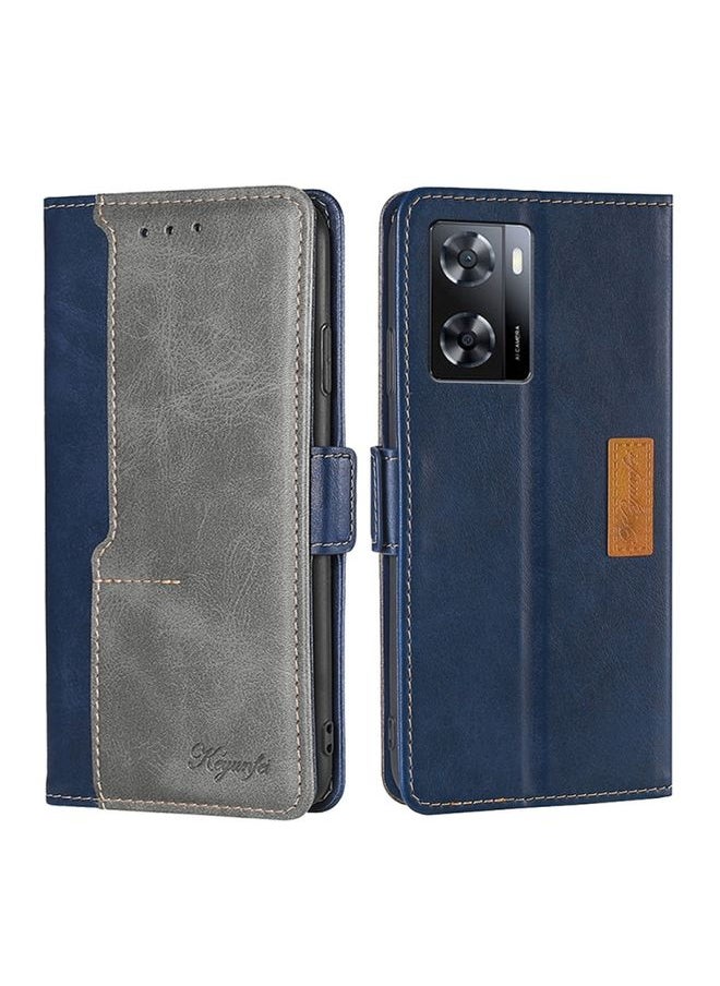 HuHa - Case Cover For OPPO A57 4G 2022 Contrast Color Side Buckle Leather Phone Case Blue+Grey - Image 1