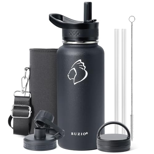 BUZIO 32 oz Water Bottle Insulated with Straw & 3 lid and Carrying Pouch, Leak Proof Anti-Slip Stainless Steel Water Flask Jug, Cold for 48 Hrs Double Vacuum Thermo Canteen, BPA-Free, Caribbean Blue - Image 1