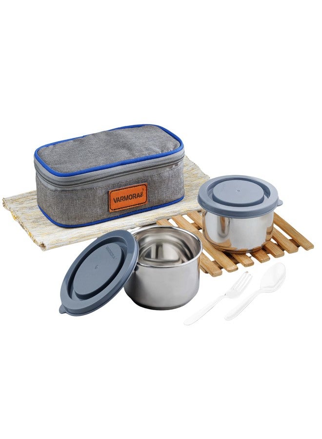Varmora Delight Office Lunch Box for Men and Women, 2 Steel Containers, 300ml Each (Grey) - Image 1