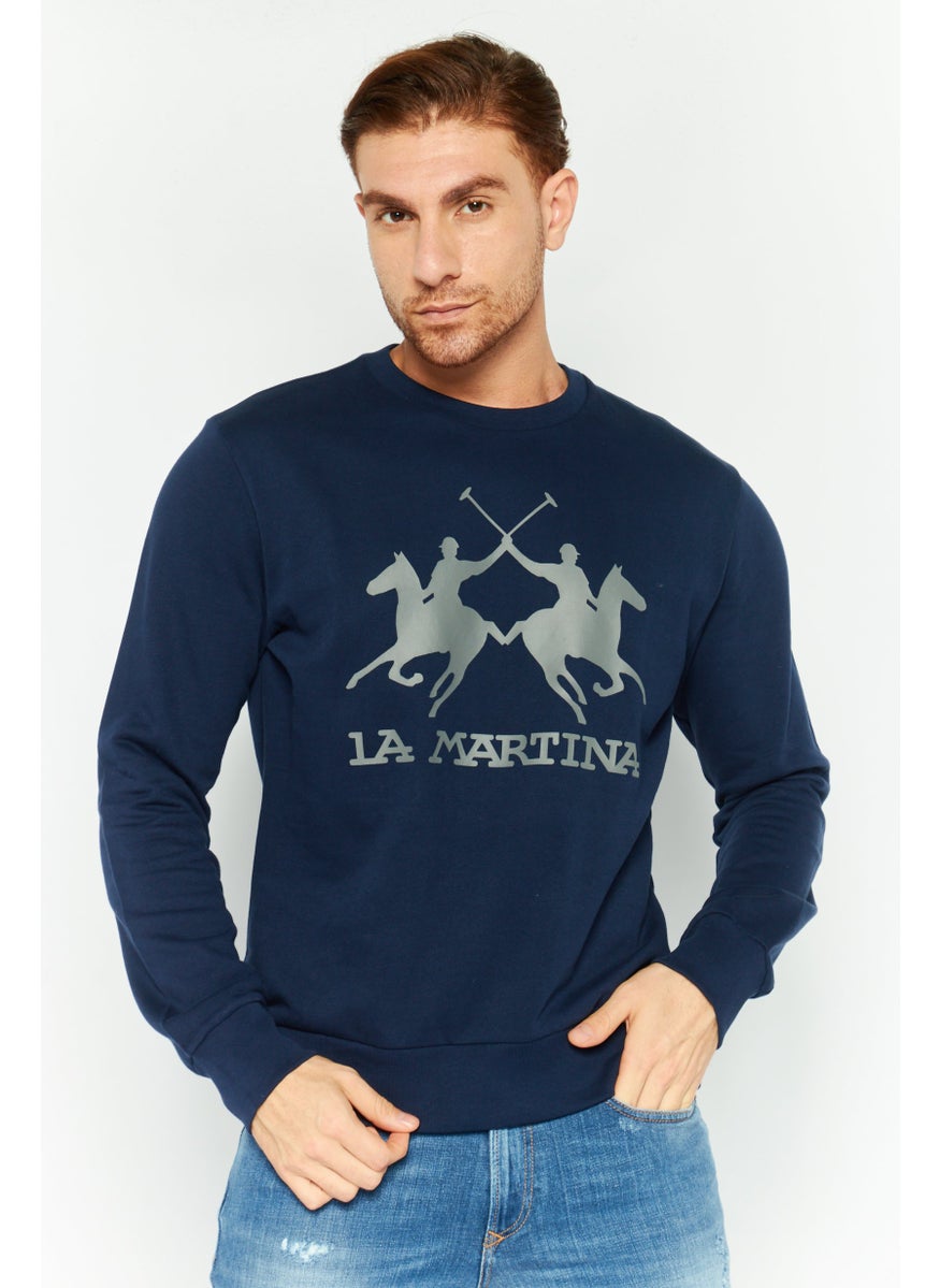 La Martina Men Crew Neck Long Sleeves Brand Logo Sweatshirt, Navy  - Image 1