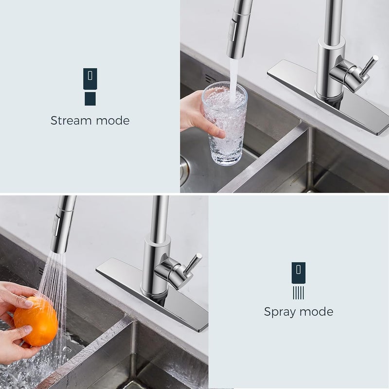 FORIOUS Chrome Kitchen Faucet with Pull Down Sprayer, High Arc Modern Classic Sink Faucet Stainless Steel with Deck Plate Fit for 1 or 3 Hole for Pot Filler Bar Farmhouse Laundry Rv - Image 3