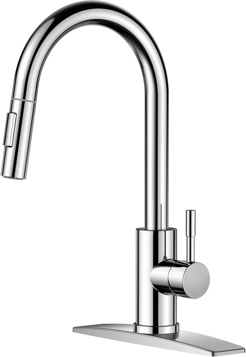 FORIOUS Chrome Kitchen Faucet with Pull Down Sprayer, High Arc Modern Classic Sink Faucet Stainless Steel with Deck Plate Fit for 1 or 3 Hole for Pot Filler Bar Farmhouse Laundry Rv - Image 1