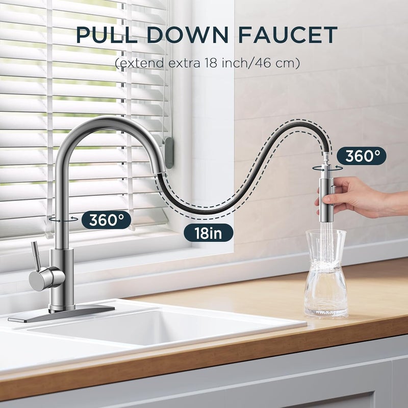 FORIOUS Chrome Kitchen Faucet with Pull Down Sprayer, High Arc Modern Classic Sink Faucet Stainless Steel with Deck Plate Fit for 1 or 3 Hole for Pot Filler Bar Farmhouse Laundry Rv - Image 2