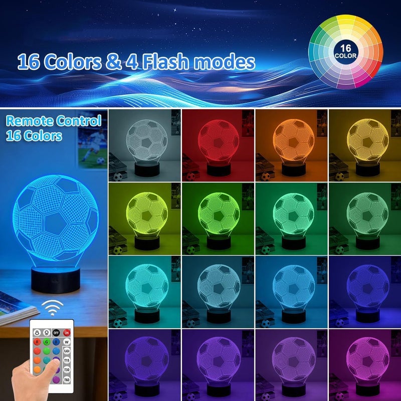 Al Raied ARS® Football 3D Optical Illusion Night Light, Soccer Theme LED Lamp with Remote Control, 16 Color Changing Display for Kids Room, Bedroom, Desk Decor - Image 3