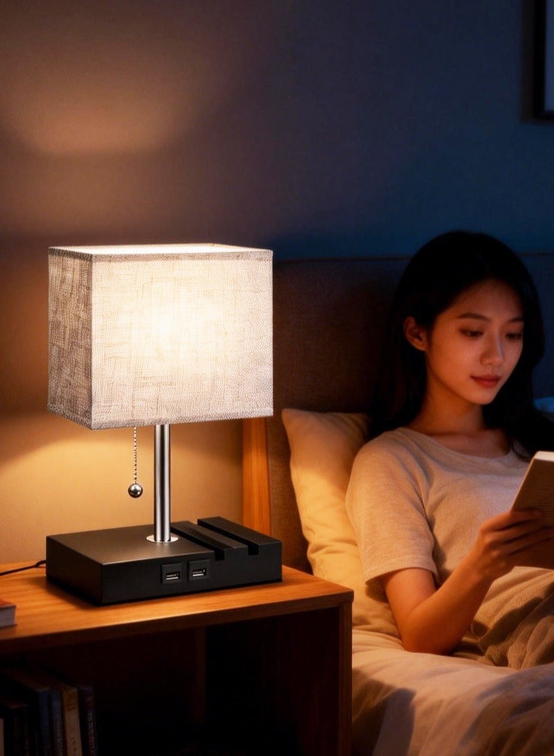 Sharpdo USB Charging Table Lamp Cloth Cover with three Color Temperatures LED Bulb Eye Protection, Chain Switch, Funky Zipper Switch with 2 USB Ports, Ideal for Bedroom Living Room Office Lighting - Image 1