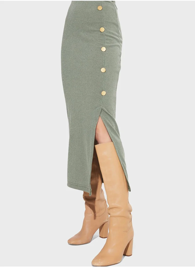 JUNE High Waist Button Detail Side Slit Skirt