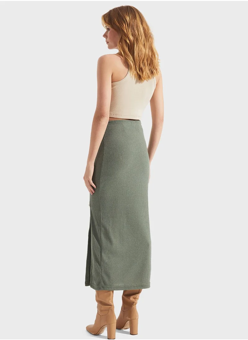 JUNE High Waist Button Detail Side Slit Skirt
