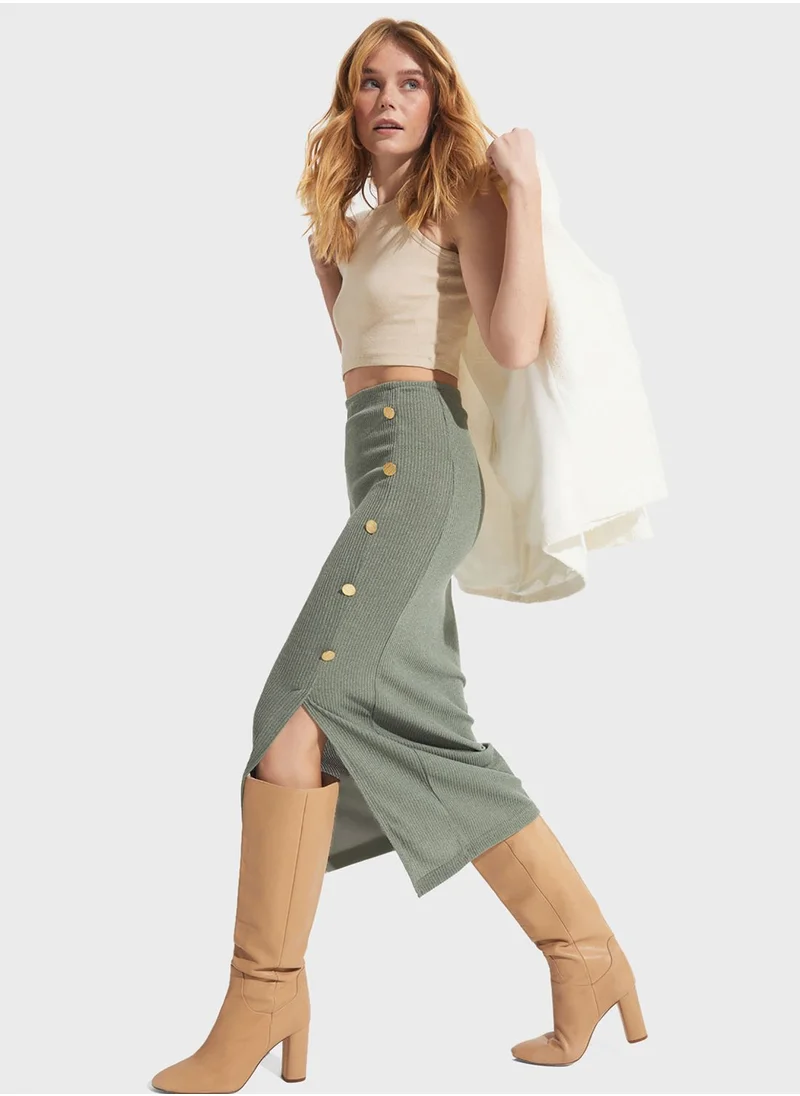 JUNE High Waist Button Detail Side Slit Skirt