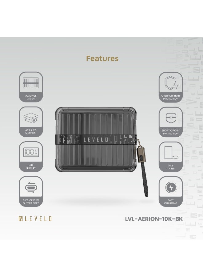 LEVELO Aerion Portable 10000 mAh Power Bank with LED Display & Grip Cable /PowerBank Fast Charge 10000mAh/ Short Circuit Protection / Over Current Protection / Luggage Design - Black - Image 2