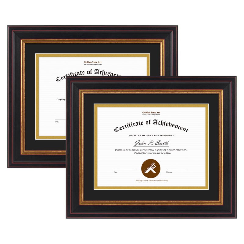 Golden State Art Golden State Art 8x10 Document Frame for 6x8 DiplomaCertificatePicture Black Gold  Burgundy Color Includes Black Over Gold Double Mat Real Glass 2 Pack 