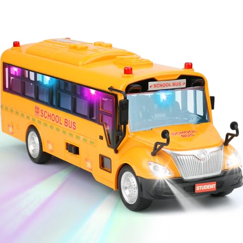 Cdymkf Yellow School Bus Toy for Kids116 Scale Interactive FrictionPowered Car with 4 Different Flashing Lights  Sounds Open Doors  Realistic Design Preschool Learning  Role Play - Image 1