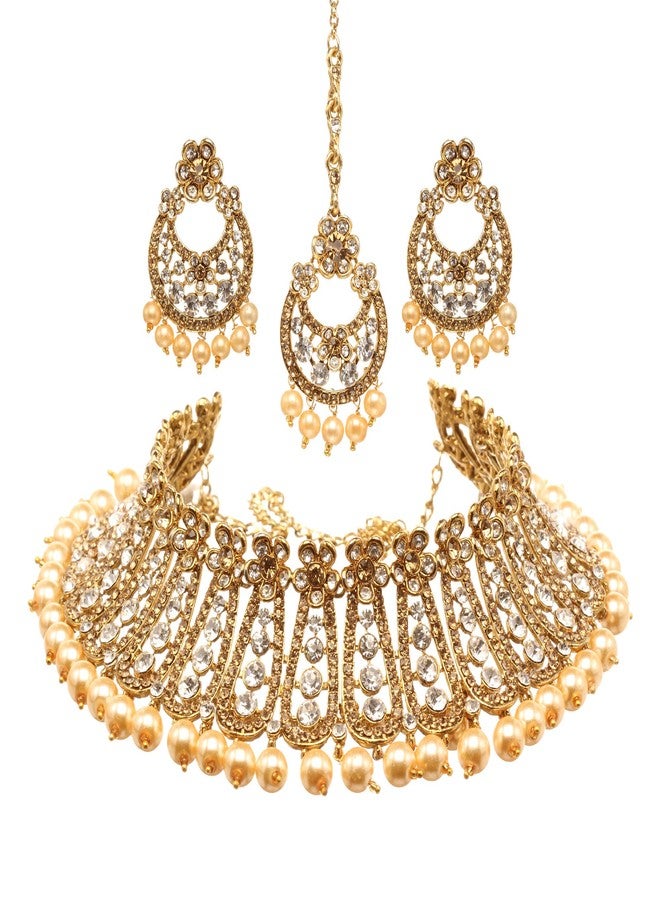 بينداني طقم بيندهاني الهندي الكامل للنساء، يتضمن قلادة وأقراط وتاج مانغ. - Image 1