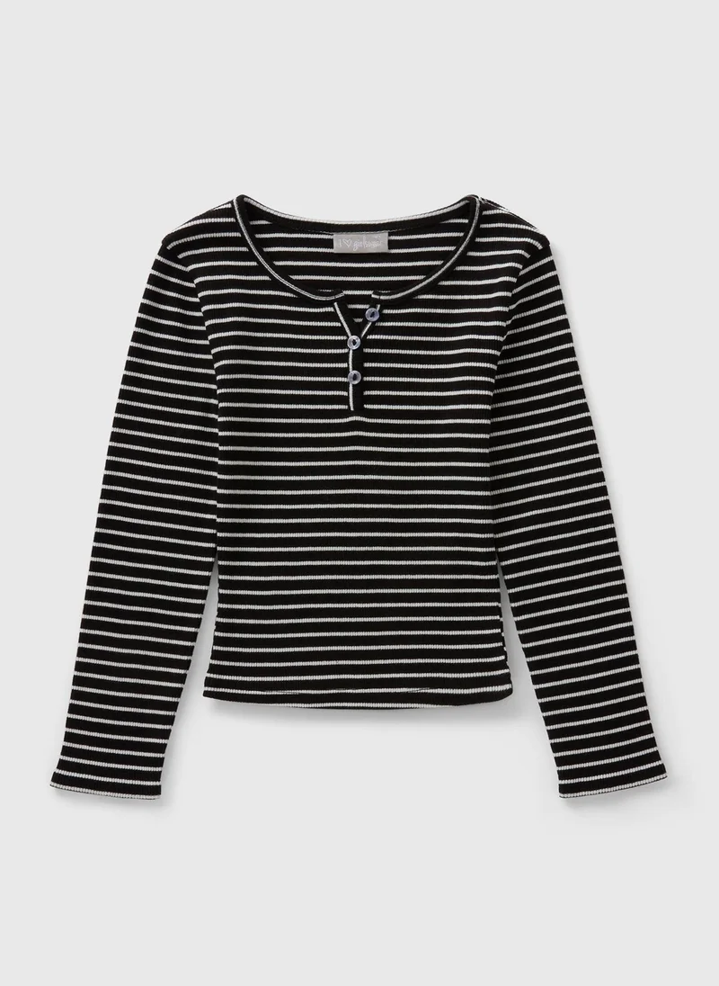 ماتلان Girls Black Stripe Ribbed Button Henley Top