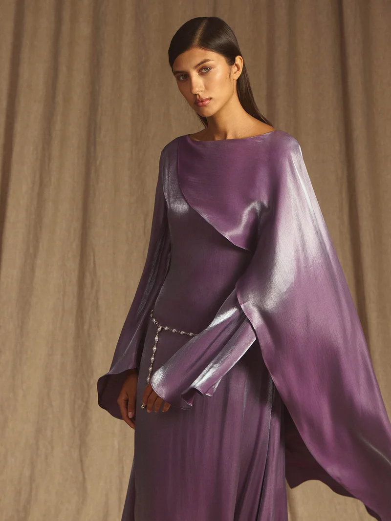 Lichi  Textured maxi dress with one shoulder cape for Women | Best Price UAE