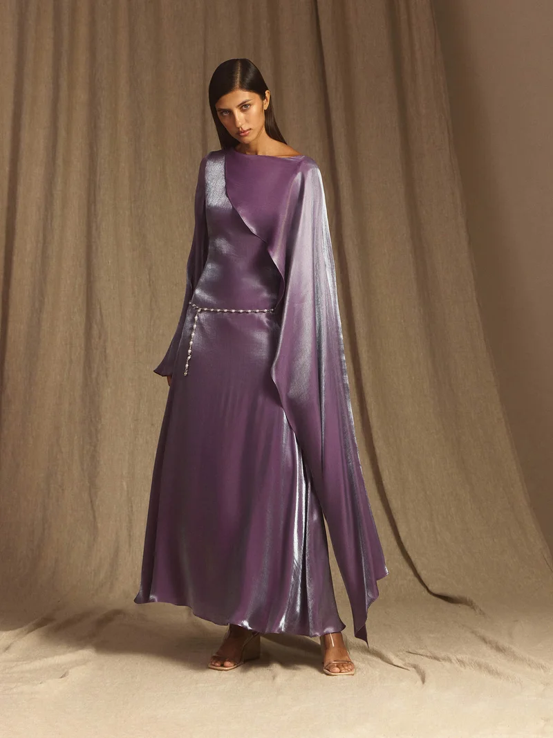 Lichi  Textured maxi dress with one shoulder cape for Women | Best Price UAE