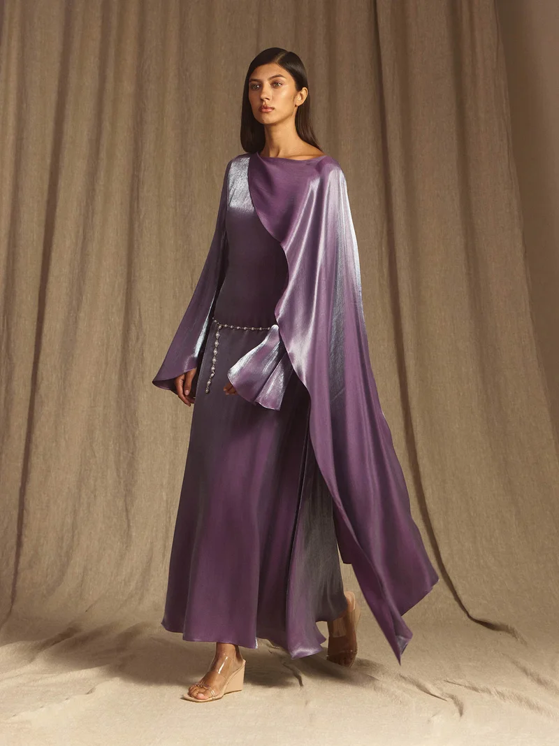 Lichi  Textured maxi dress with one shoulder cape for Women | Best Price UAE