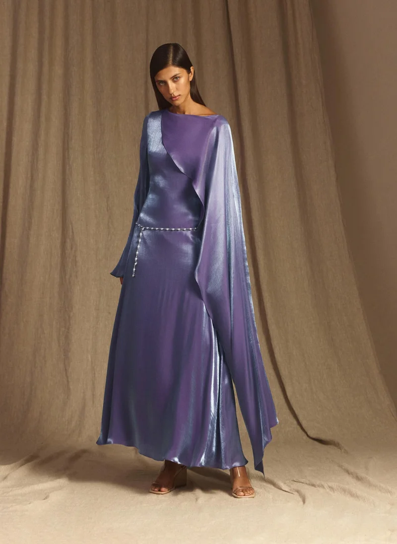 Lichi  Textured maxi dress with one shoulder cape for Women | Best Price UAE