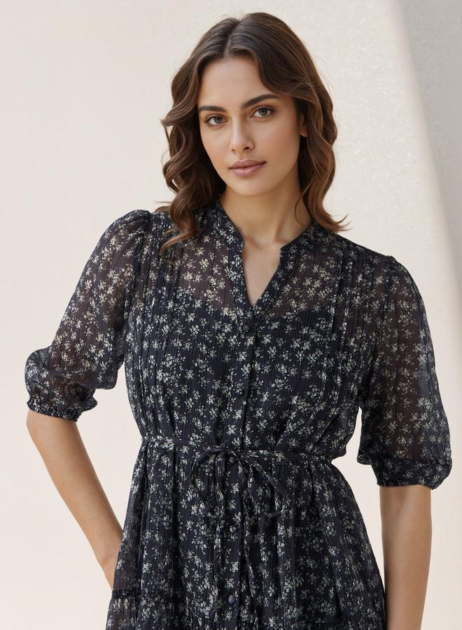 سبلاش فيڤ فستان نسائي متوسط الطول بطبعة زهور وتفاصيل ثنيات من الفيسكوز - Image 4