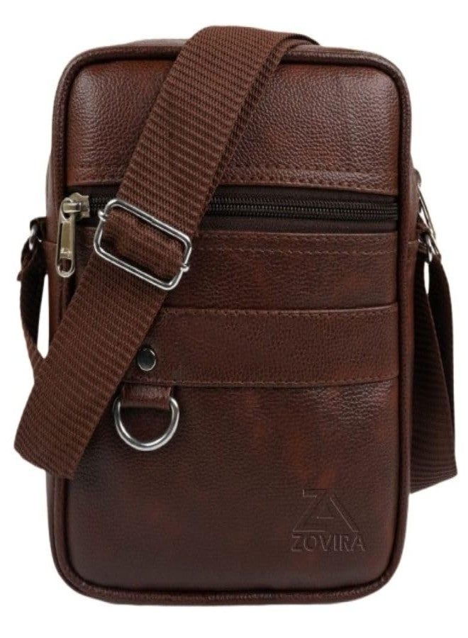 ZOVIRA Men's Leather Sling Bag, 23x18x8 cm, Adjustable Strap, Multi-Compartment Crossbody Messenger Bag for Travel and College (TAN) - Image 1
