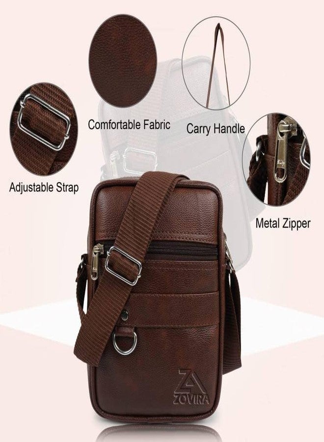 ZOVIRA Men's Leather Sling Bag, 23x18x8 cm, Adjustable Strap, Multi-Compartment Crossbody Messenger Bag for Travel and College (TAN) - Image 4
