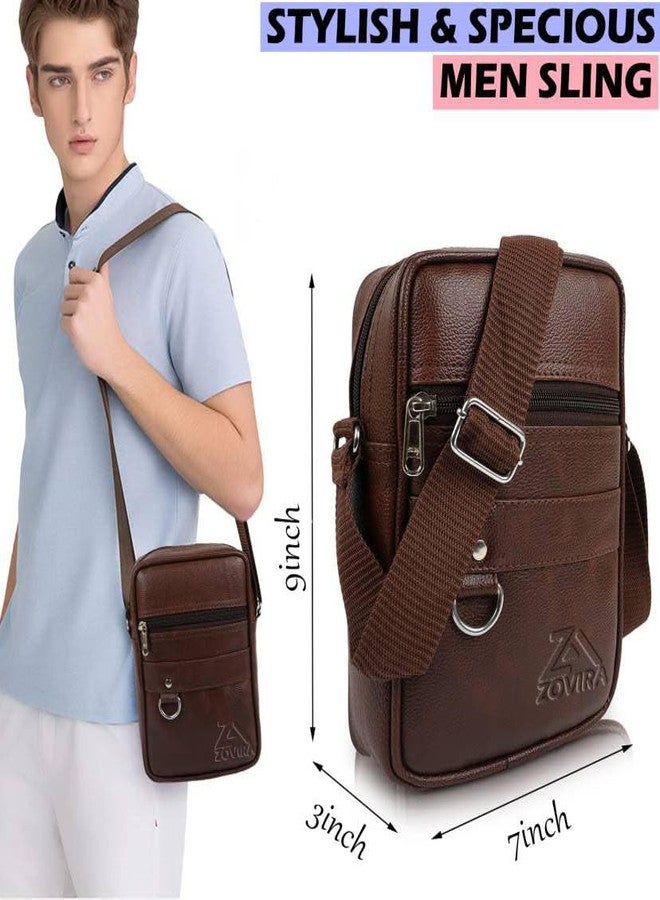 ZOVIRA Men's Leather Sling Bag, 23x18x8 cm, Adjustable Strap, Multi-Compartment Crossbody Messenger Bag for Travel and College (TAN) - Image 5