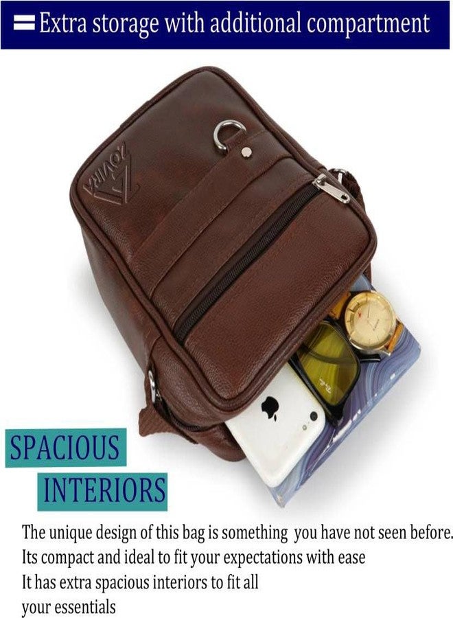 ZOVIRA Men's Leather Sling Bag, 23x18x8 cm, Adjustable Strap, Multi-Compartment Crossbody Messenger Bag for Travel and College (TAN) - Image 2