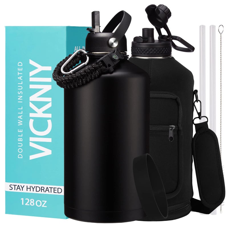 1 Gallon Insulated Water Bottle with Straw - 128oz 64oz Water Jug with Handle Paracord  Straw Spout Lids  Bottle Carrier  Double Walled Stainless Steel Hydro Bottle  Metal Gallon Water Bottle Large