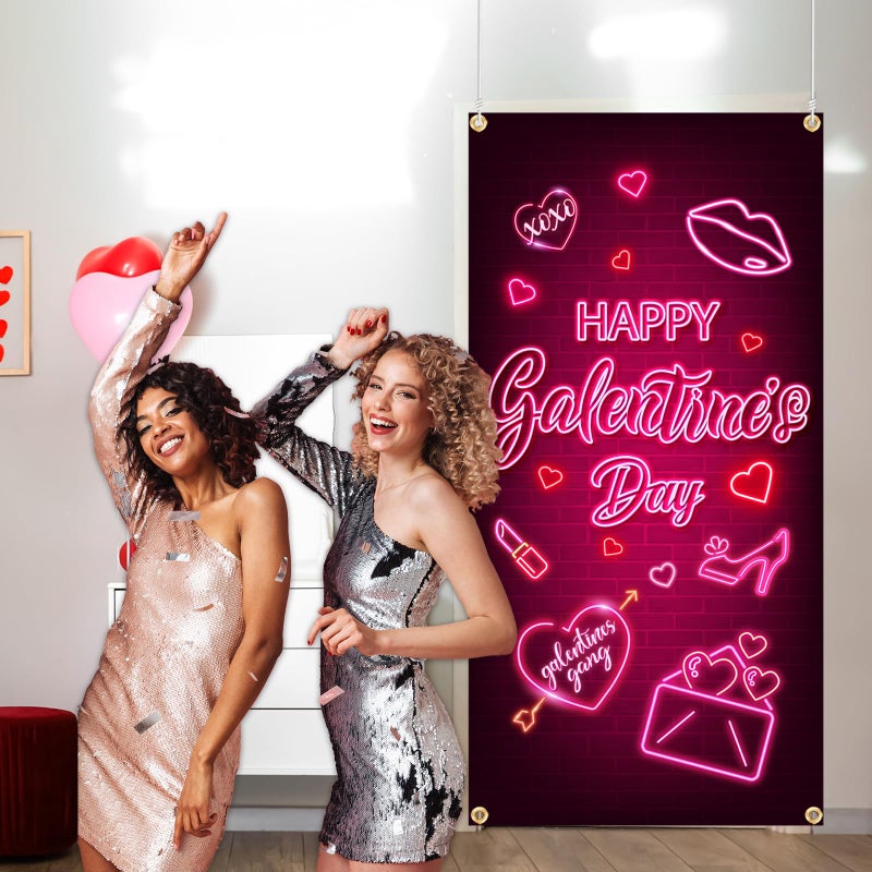 ILUIGGW Galentines Day Decorations Door Cover, Galentines Day Banner for Door Pink Neon Happy Galentines Day Banner Galentines Gang Happy Galentines Day Banner for Girl Lady Galentines Day Party Decorations - Image 3