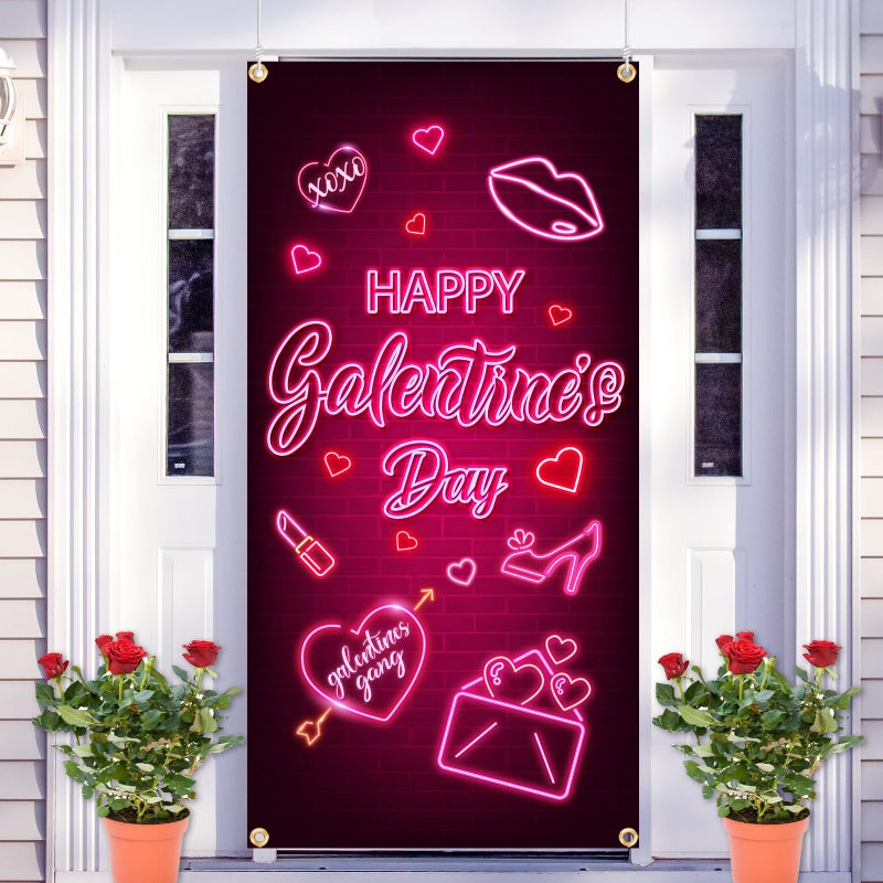 ILUIGGW Galentines Day Decorations Door Cover, Galentines Day Banner for Door Pink Neon Happy Galentines Day Banner Galentines Gang Happy Galentines Day Banner for Girl Lady Galentines Day Party Decorations - Image 1
