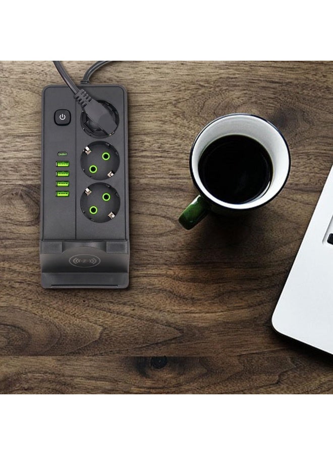 Smart power strip with 3 sockets, 4 USB ports (including Type-C), and a built-in wireless charging pad. - Image 5