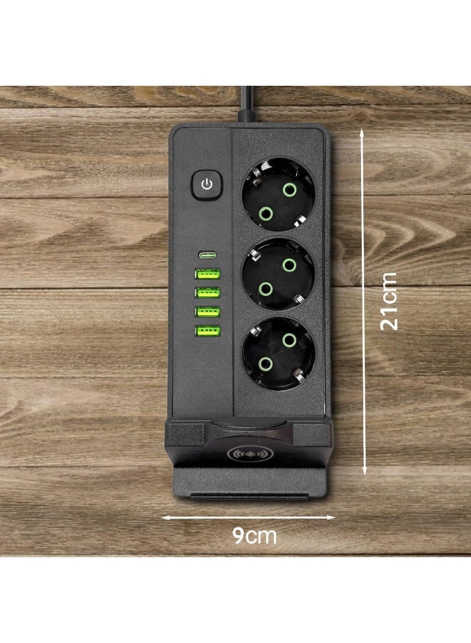 Smart power strip with 3 sockets, 4 USB ports (including Type-C), and a built-in wireless charging pad. - Image 3