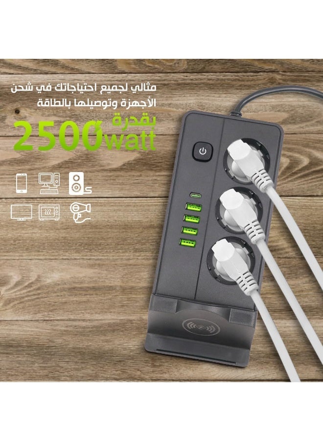 Smart power strip with 3 sockets, 4 USB ports (including Type-C), and a built-in wireless charging pad. - Image 4